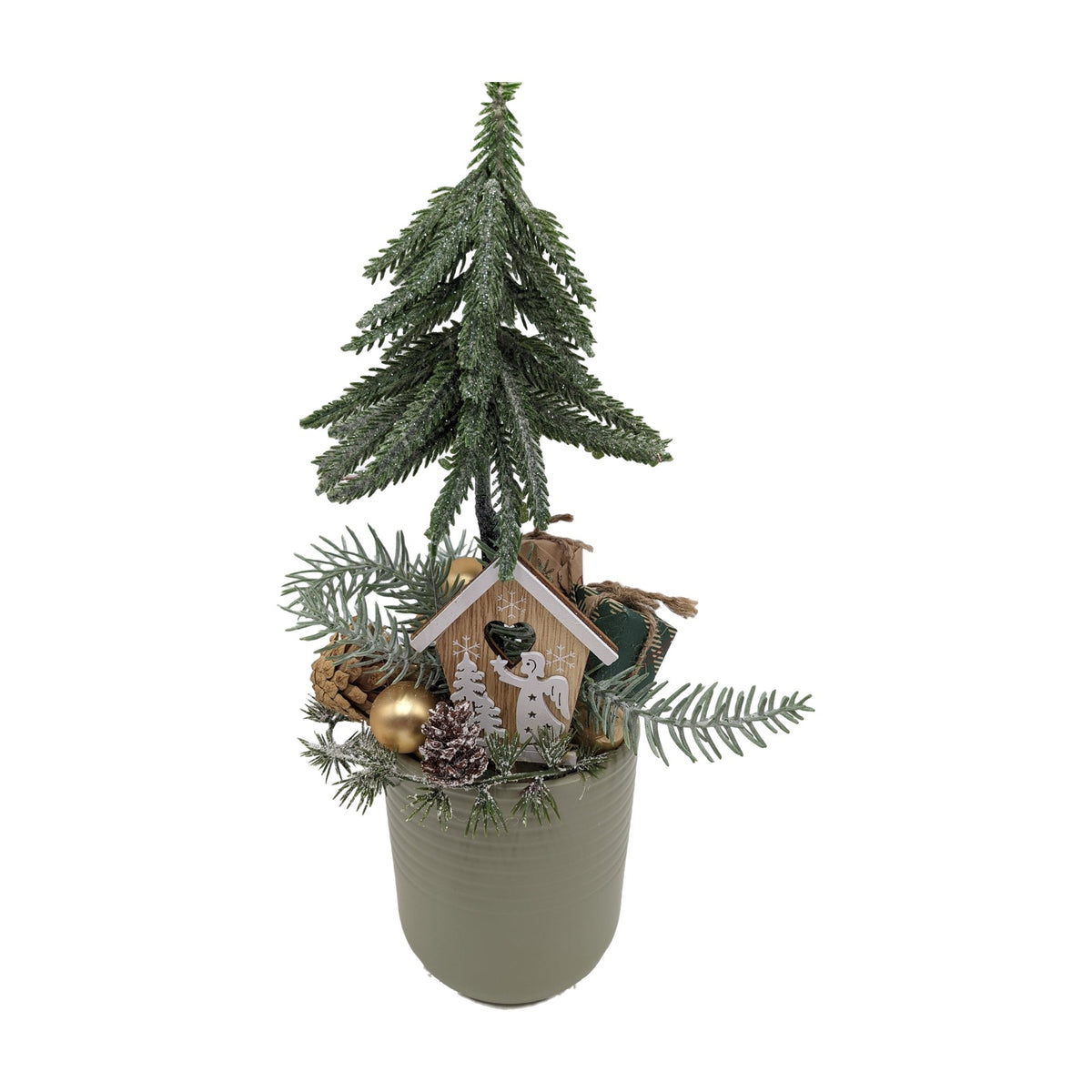 Freigestellt Weihnachtsgesteck Tannenbaum Geschenke Holzhaus gold grün