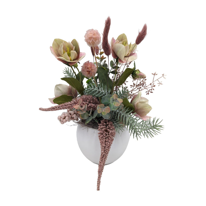Freigestellt Frühlingsgesteck Christrose Gräser Eukalyptus rosa mint