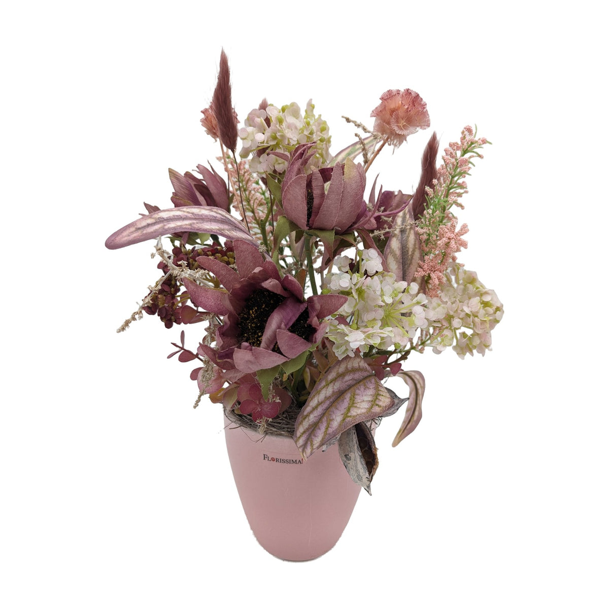 Freigestellt Herbstgesteck Sonnenblumen Hortensien Gräser rosa altrosa