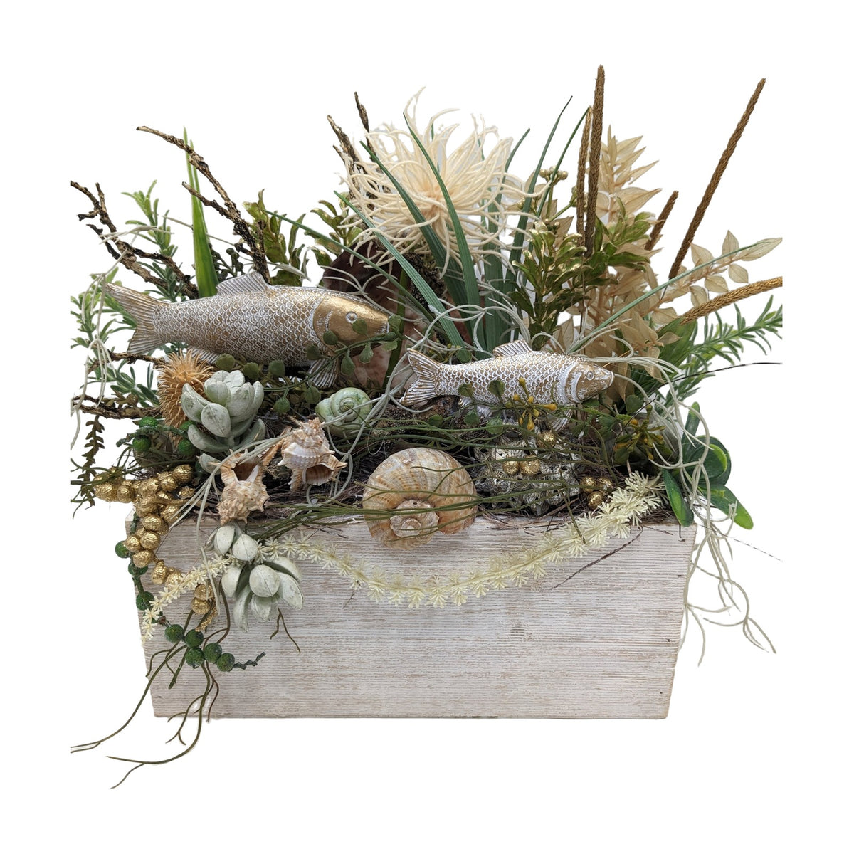 Freigestellt Sommergesteck Fisch Muscheln Gräser maritim gold creme