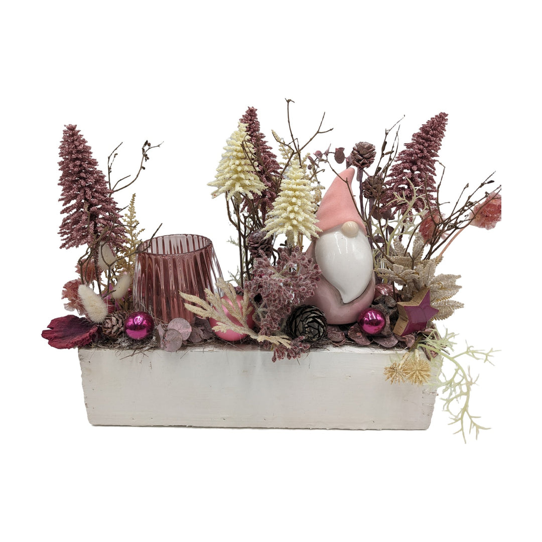 Freigestellt Weihnachtsgesteck Teelicht Wichtel Tannenbäume rosa pink