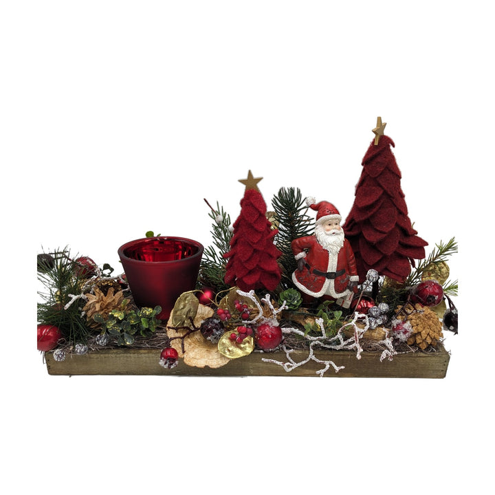 Freigestellt Weihnachtsgesteck Weihnachtsmann Teelicht Bäume Zapfen rot gold