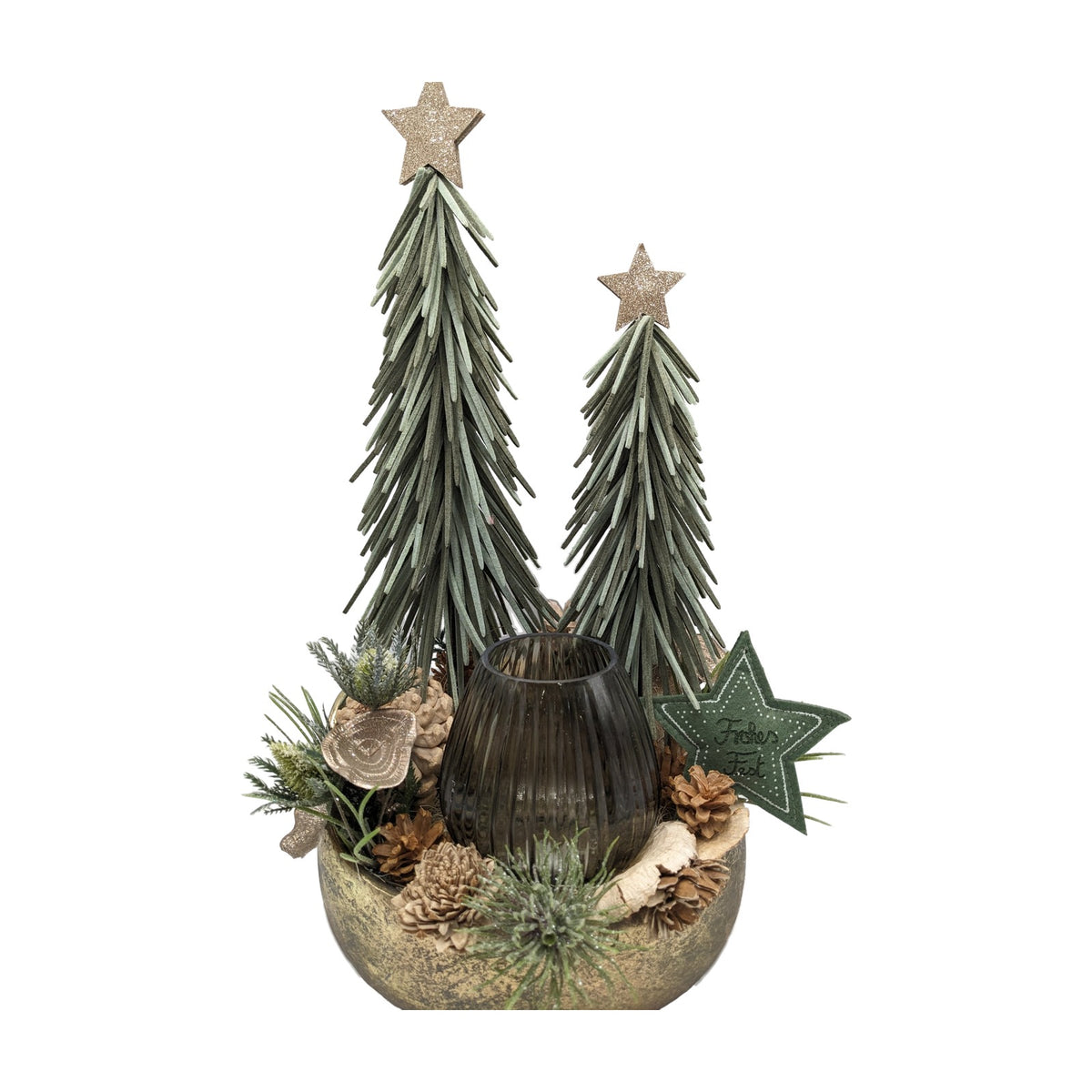 Freigestellt Weihnachtsgesteck Windlicht Bäume Stern gold grün