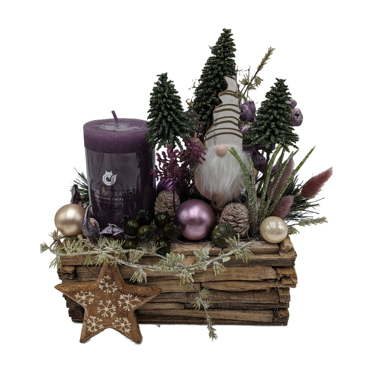 Freigestellt Weihnachtsgesteck Bäume Wichtel Stern lila creme