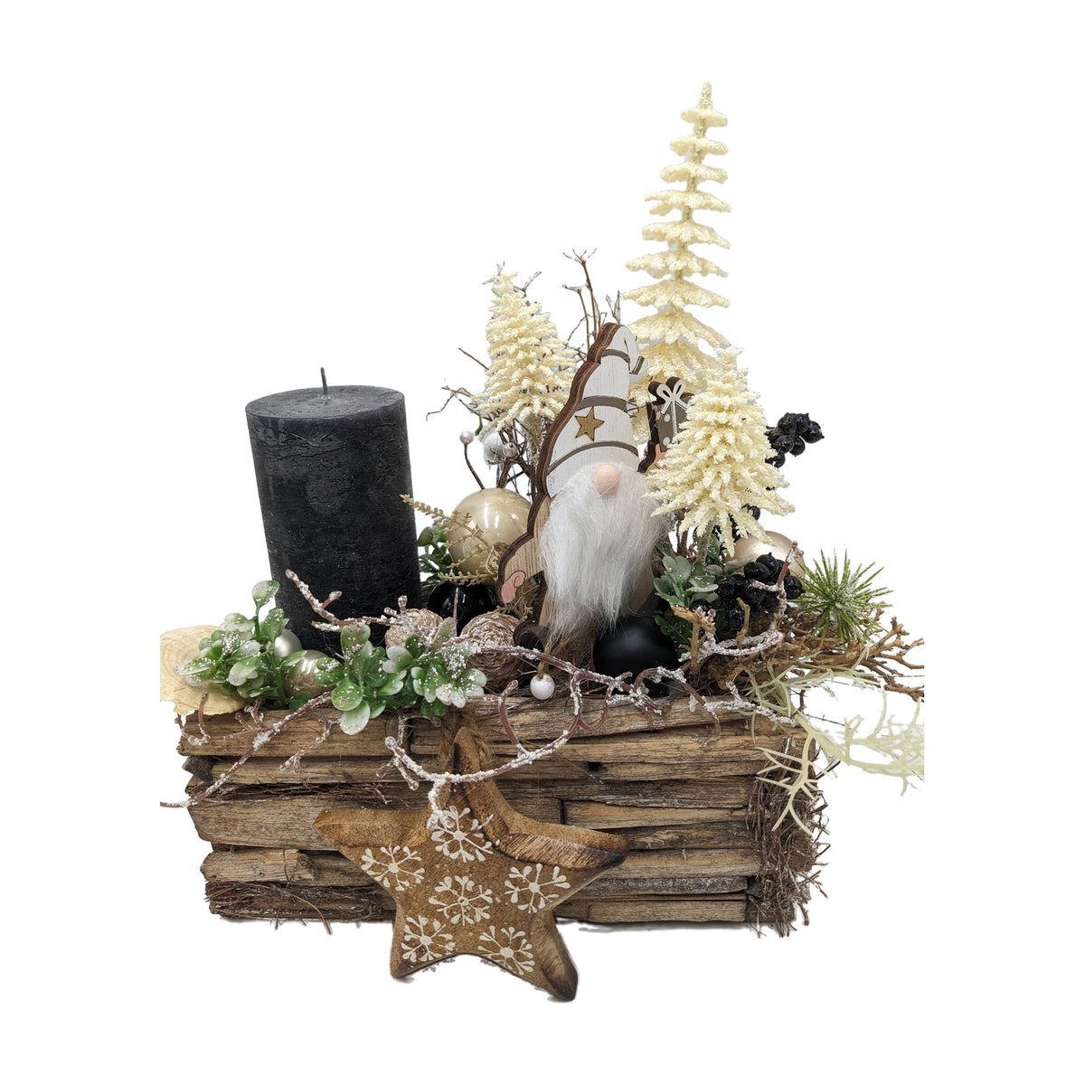 Freigestellt Weihnachtsgesteck Wichtel Stern Kerze schwarz creme