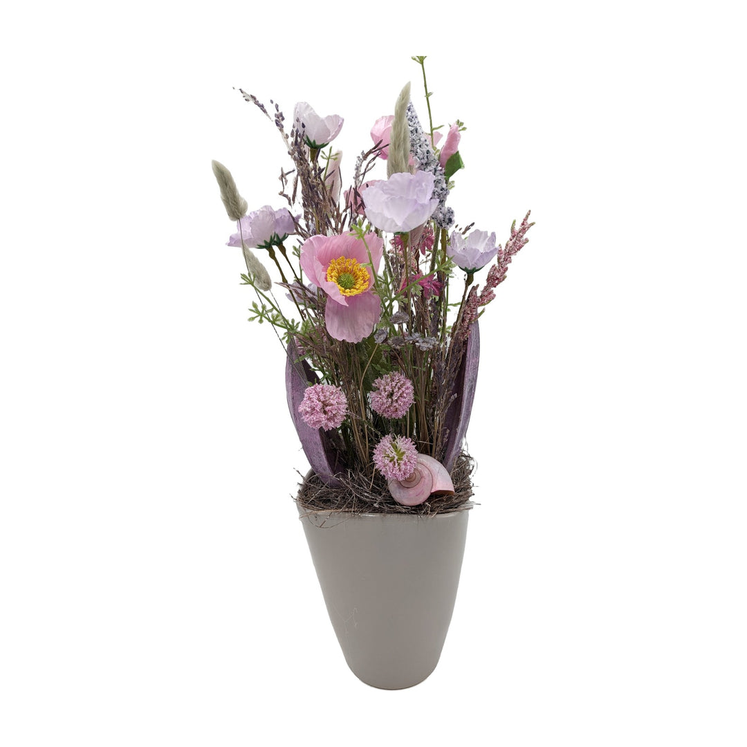 Freigestellt Frühlingsgesteck Mohnblüten Gräser Schnecke rosa lila