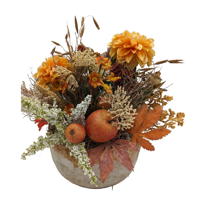 Freigestellt Herbstgesteck Dahlien Gräser Äpfel Blätter orange creme