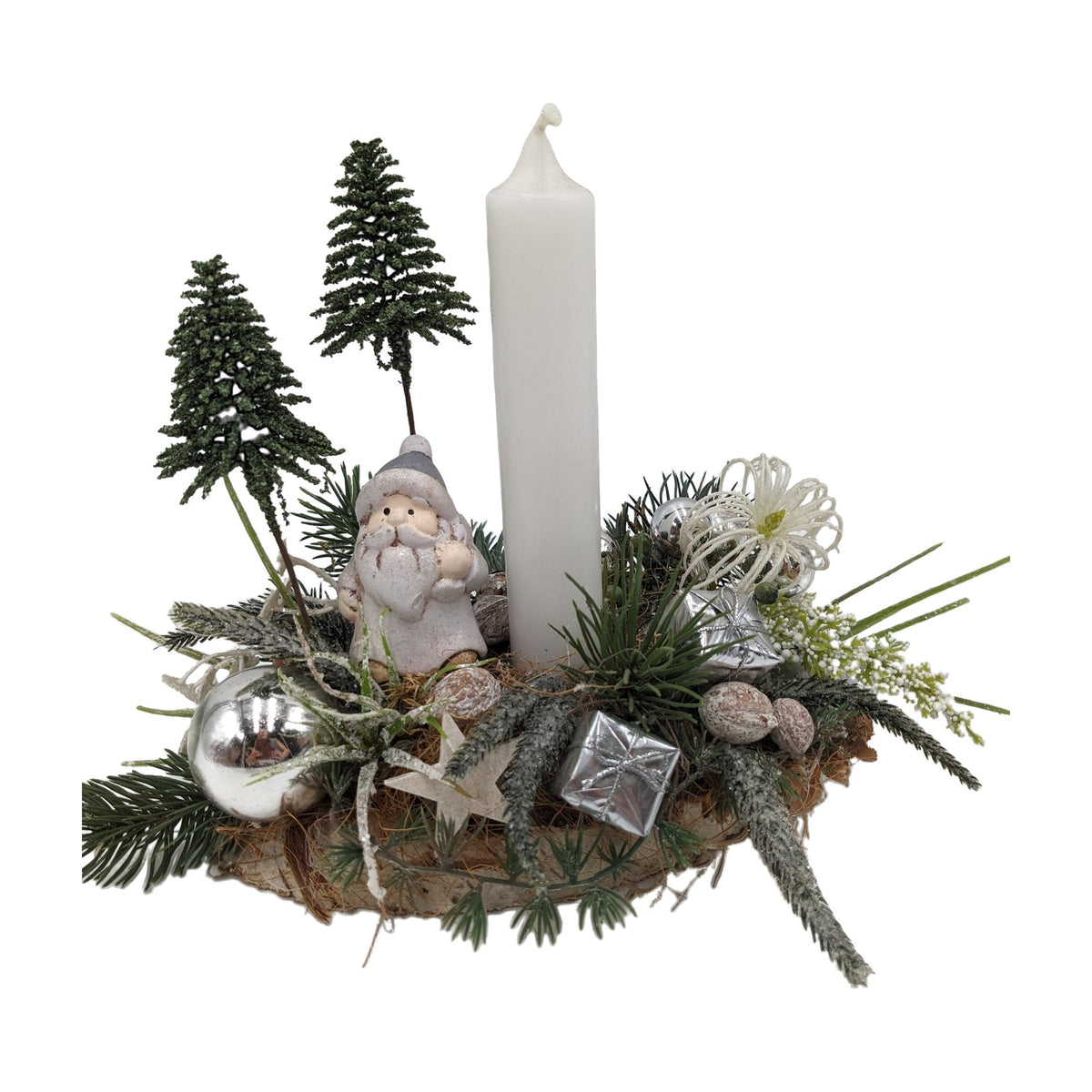 Freigestellt Weihnachtsgesteck Weihnachtsmann Bäume Kerze silber weiß