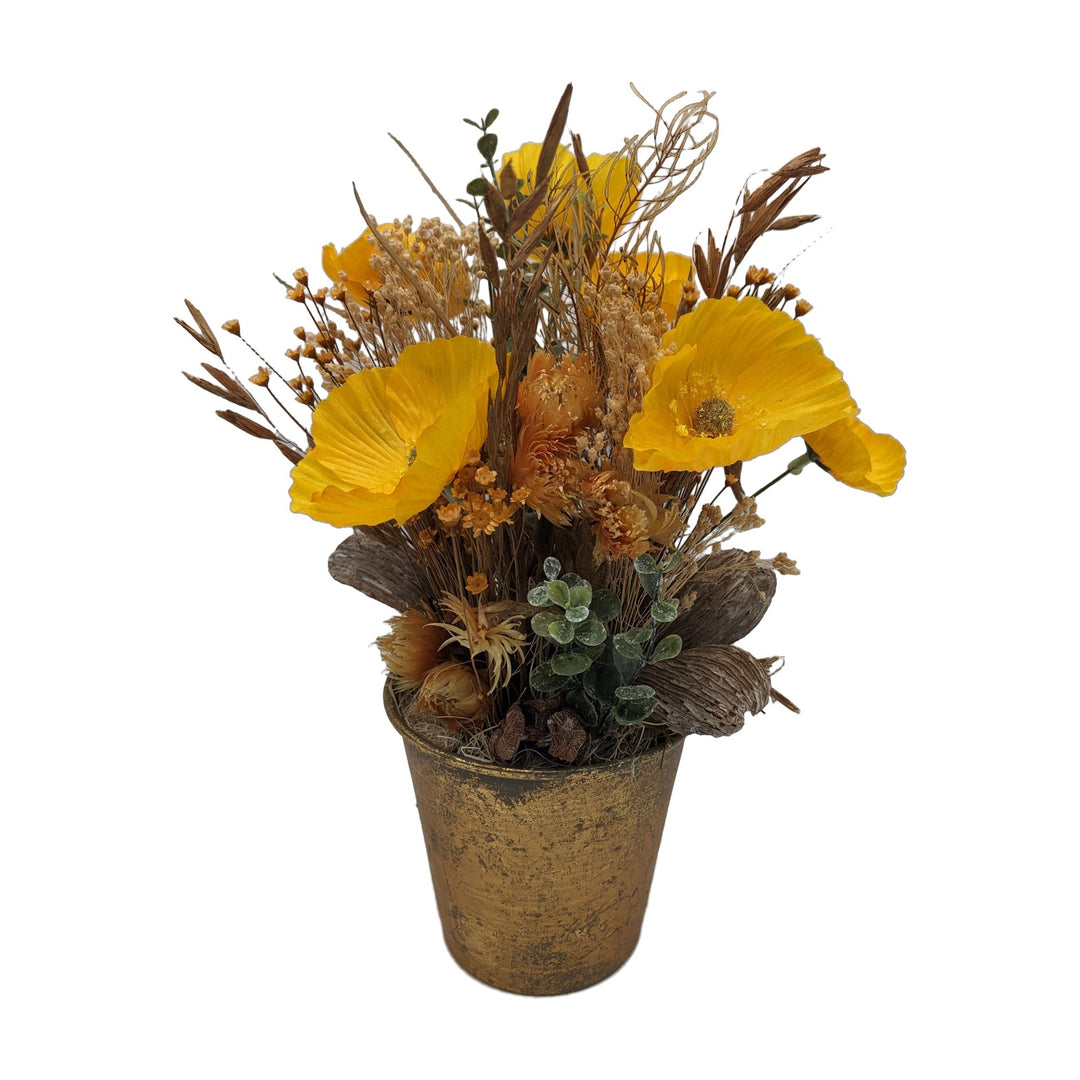 Freigestellt Frühlingsgesteck Mohnblüten Gräser Trockenblumen gelb gold