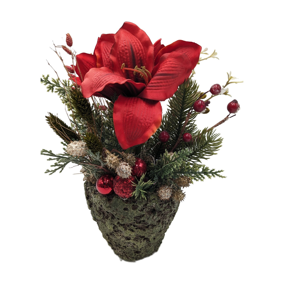 Freigestellt Weihnachtsgesteck Amaryllis Beeren Tannengrün rot grün