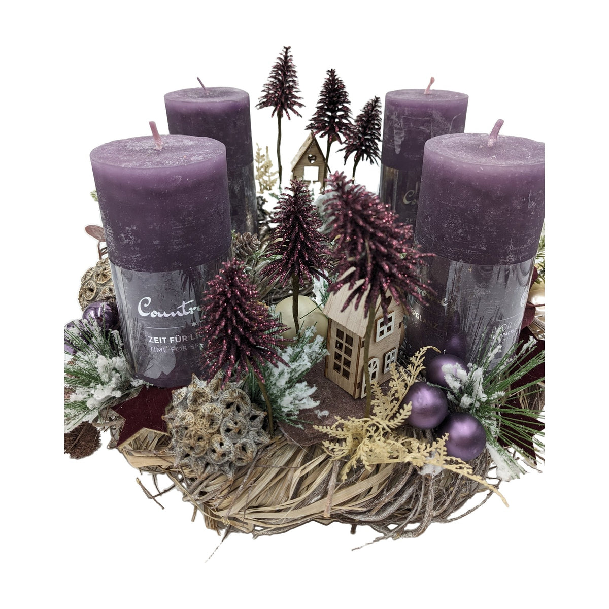 Freigestellt Adventskranz Häuser Bäume Sterne lila bordeaux