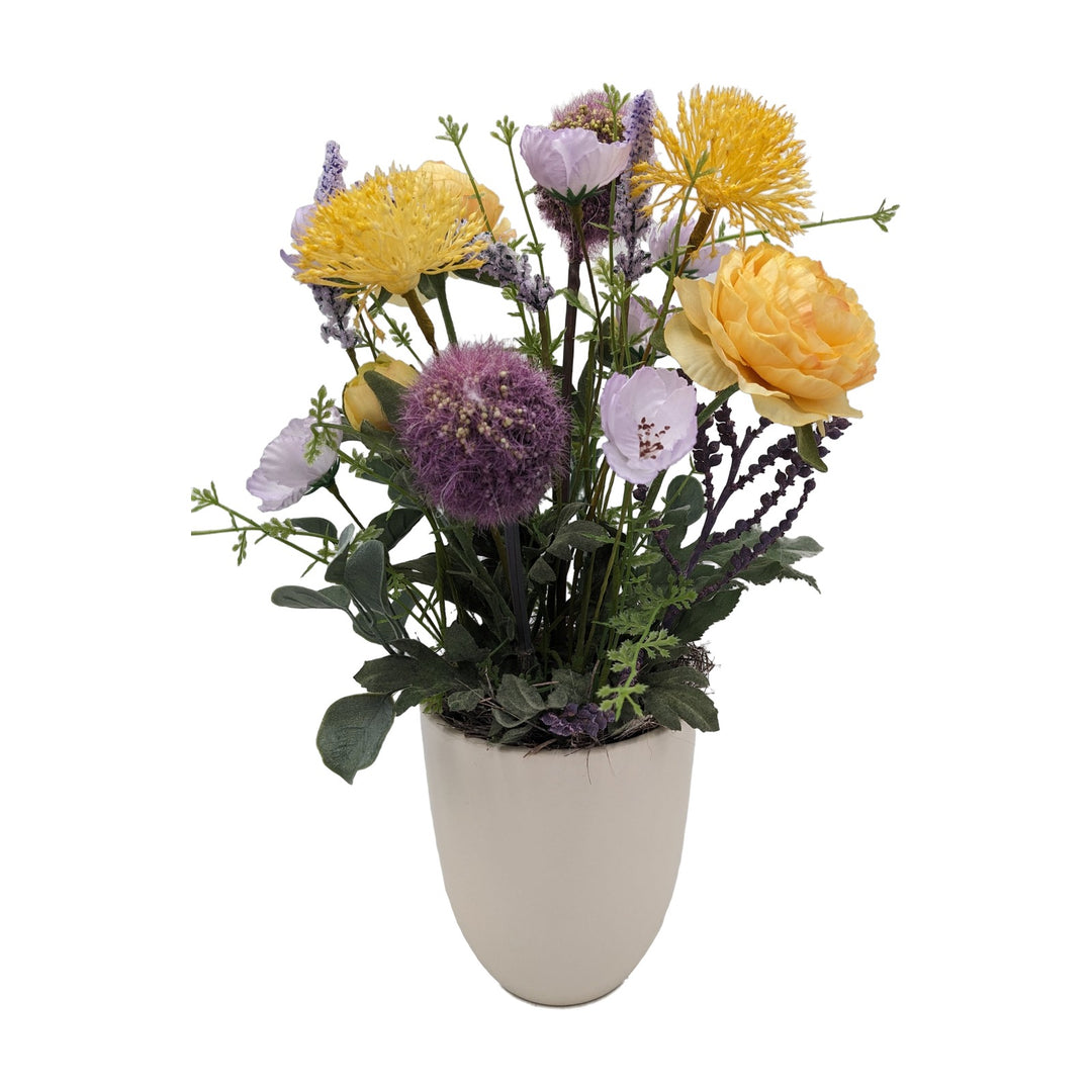 Freigestellt Sommergesteck Wiesenblumen Allium Ranunkeln gelb lila
