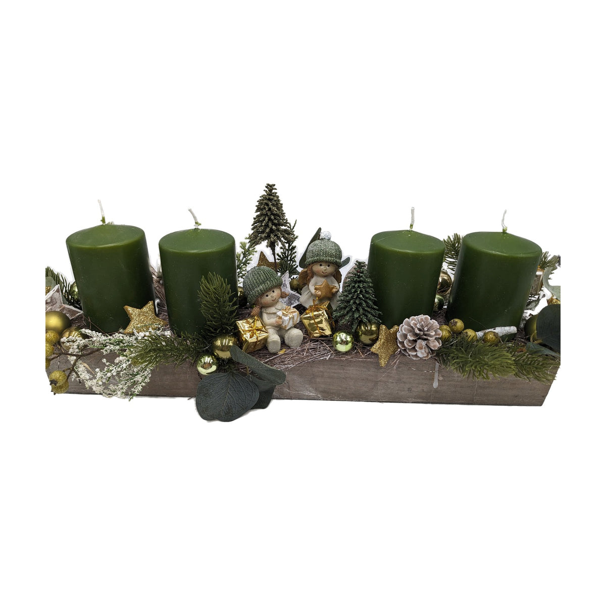 Freigestellt Wintergesteck Adventsgesteck Mädchen Bäume Kerzen grün gold