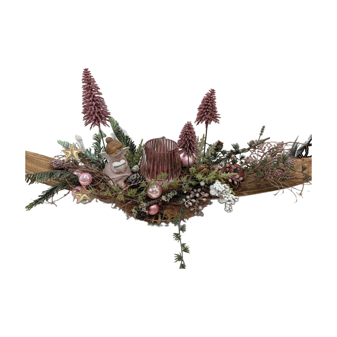 Freigestellt Weihnachtsgesteck Schutzengel Teelicht Tannenbäume rosa gold