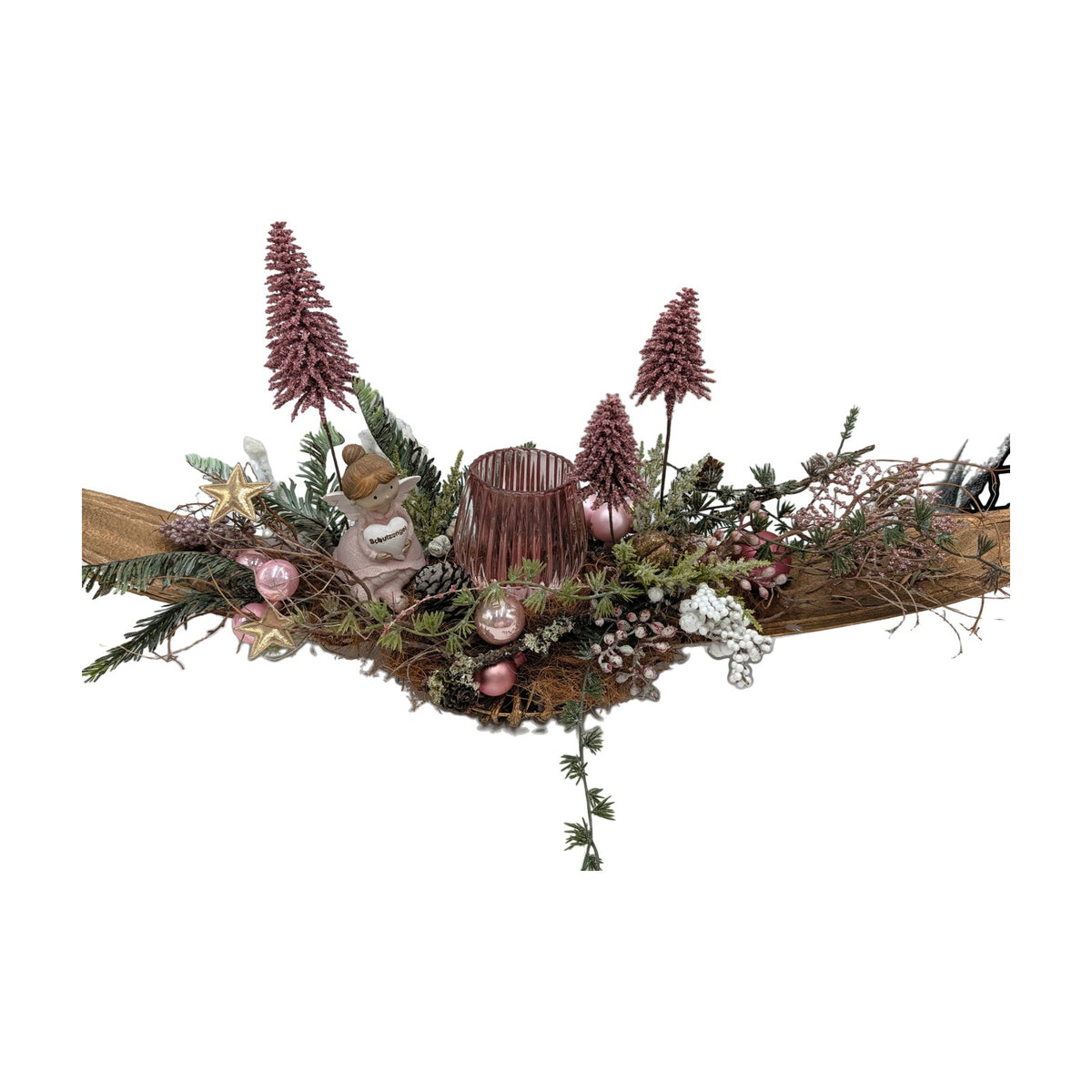 Freigestellt Weihnachtsgesteck Schutzengel Teelicht Tannenbäume rosa gold