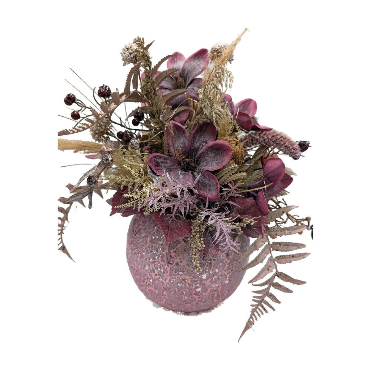 Freigestellt Herbstgesteck Magnolien Gräser Beeren rosa lila in Glasvase