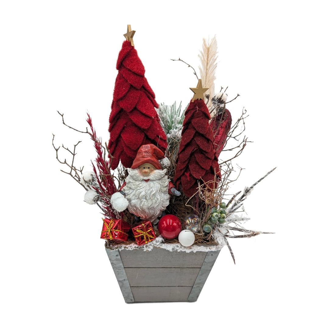 Freigestellt Weihnachtsgesteck Weihnachtsmann Filzbäume Kugeln rot grau