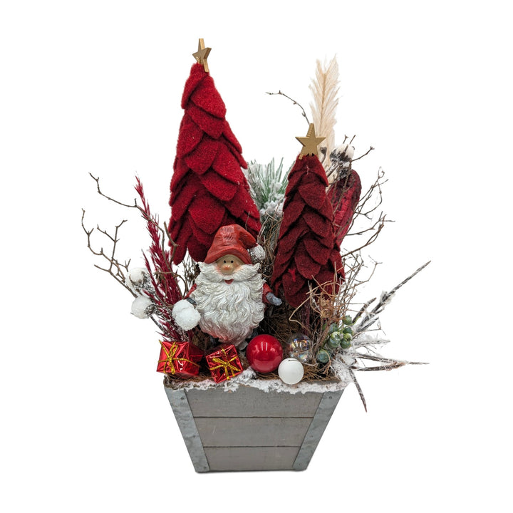 Freigestellt Weihnachtsgesteck Weihnachtsmann Filzbäume Kugeln rot grau