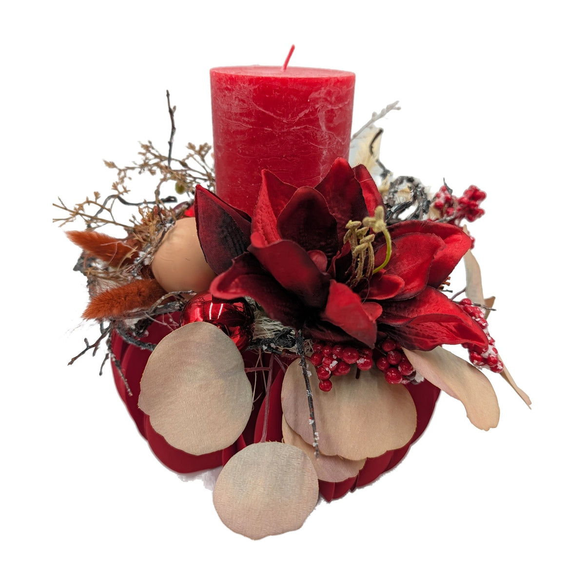 Freigestellt Weihnachtsgesteck Amaryllis Beeren Gräser rot mit Kerze