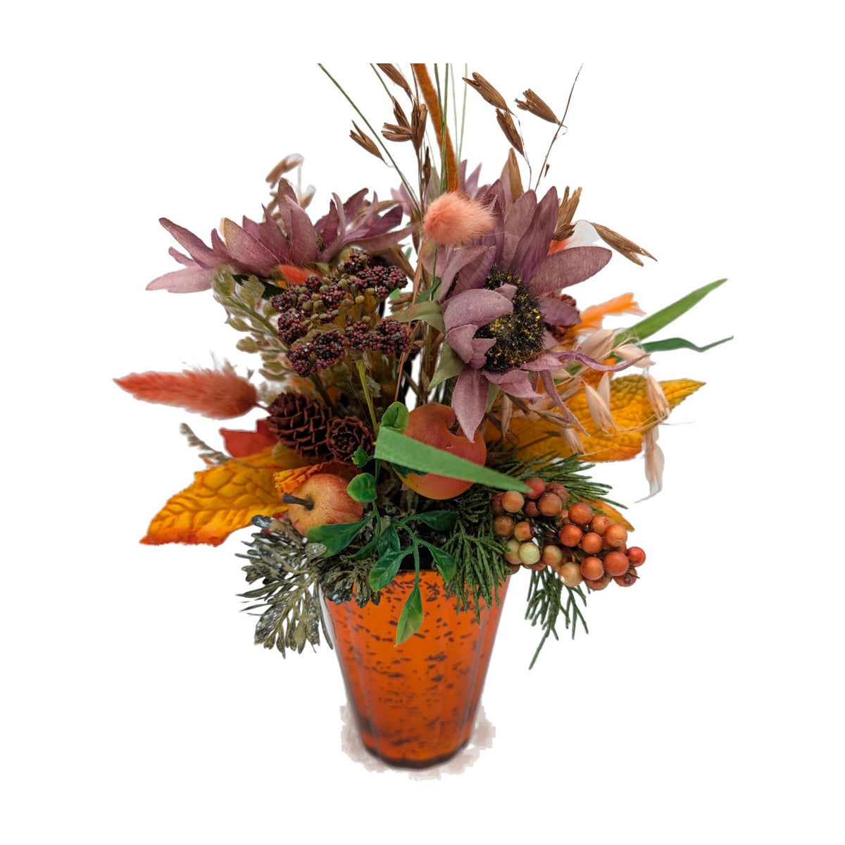 Freigestellt Herbstgesteck Sonnenblume Äpfel Beeren lila orange