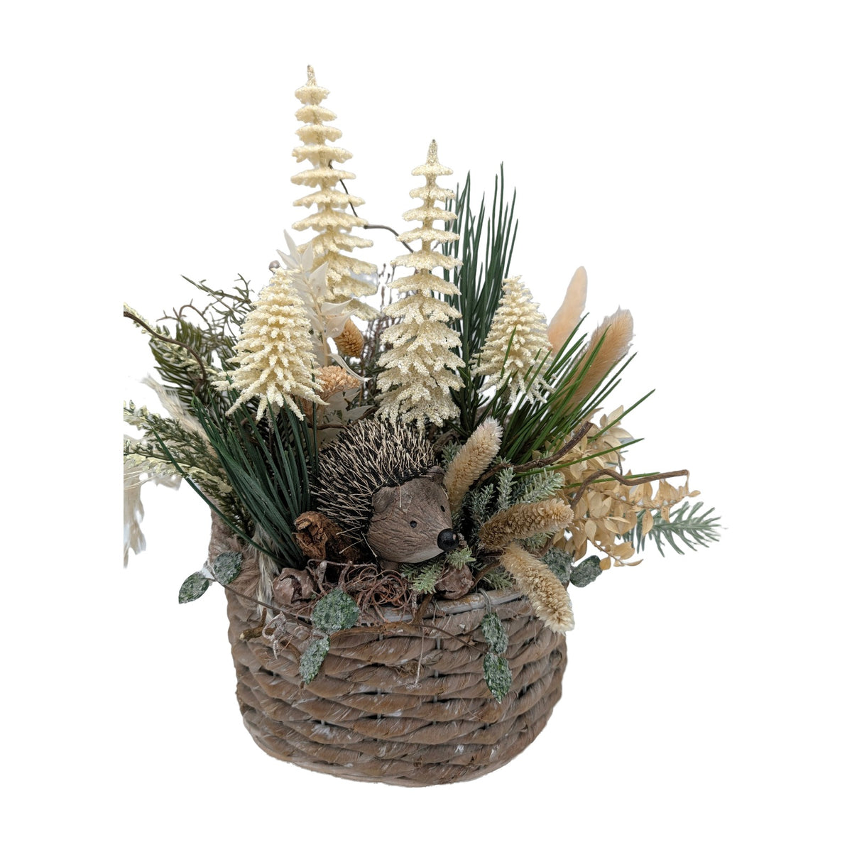 Freigestellt Wintergesteck Igel Tannen Gräser creme natur im Korb