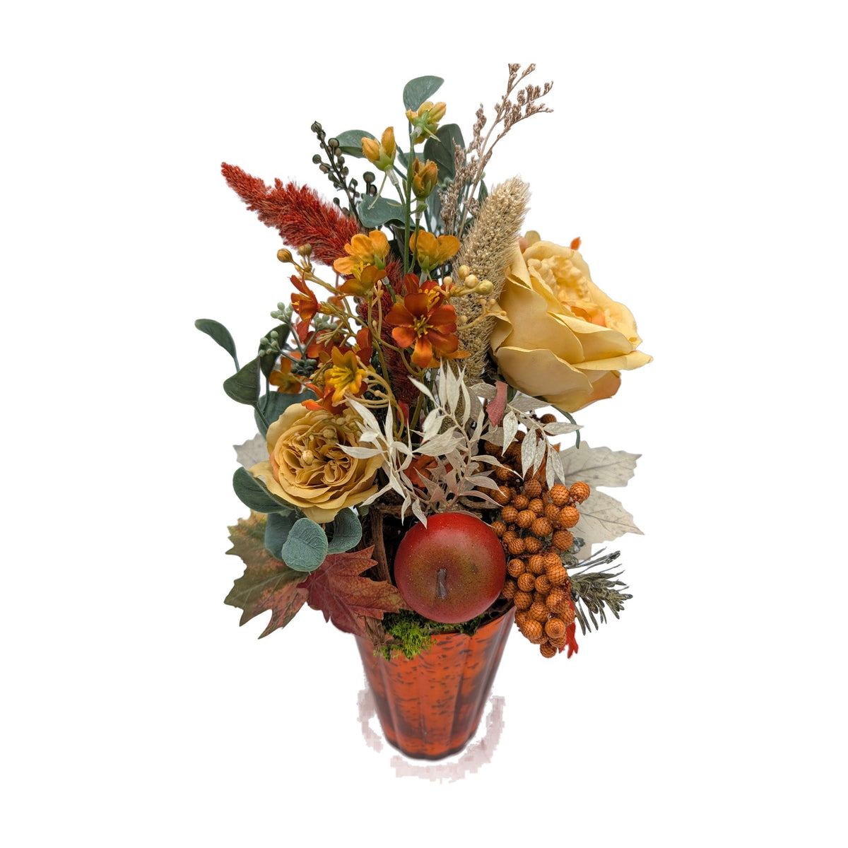 Freigestellt Herbstgesteck Rosen Apfel Gräser Beeren orange gelb