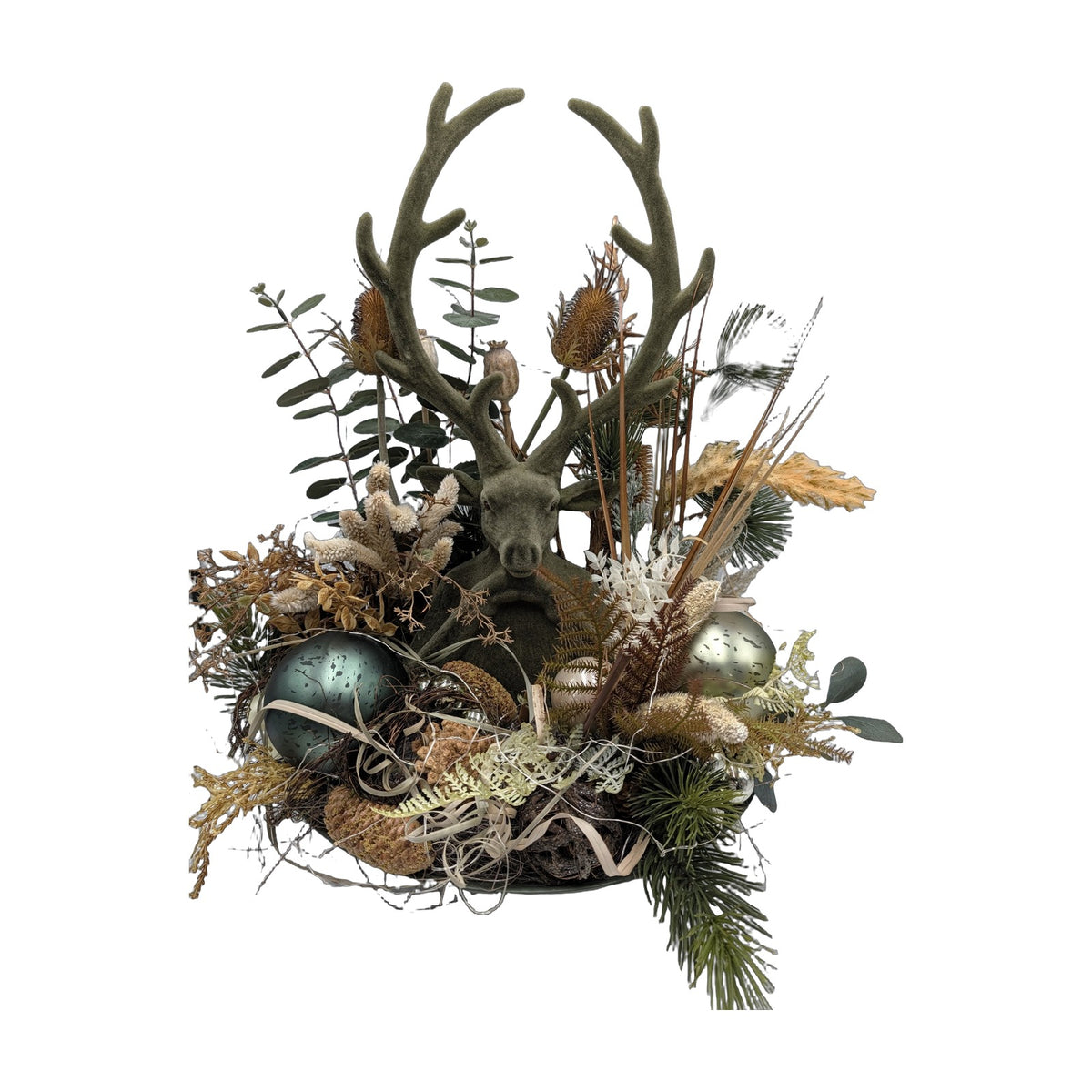 Freigestellt Wintergesteck Hirsch Eukalyptus Kugeln LED grün natur