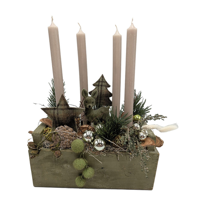 Freigestellt Adventsgesteck Holzkasten Reh Stern Zapfen grün creme