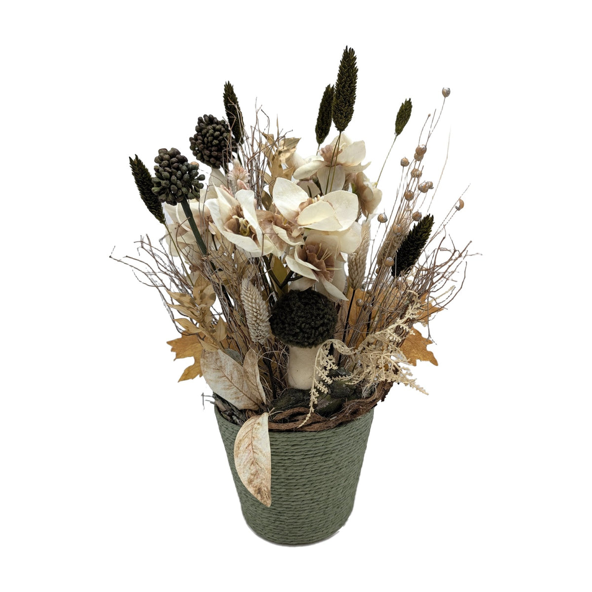 Freigestellt Herbstgesteck Amaryllis Pilz Gräser creme grün