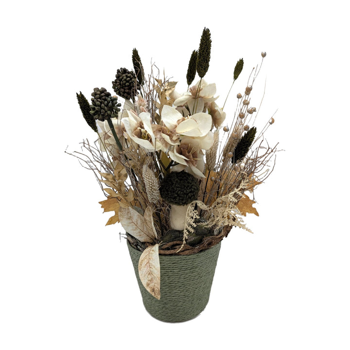Freigestellt Herbstgesteck Amaryllis Pilz Gräser creme grün