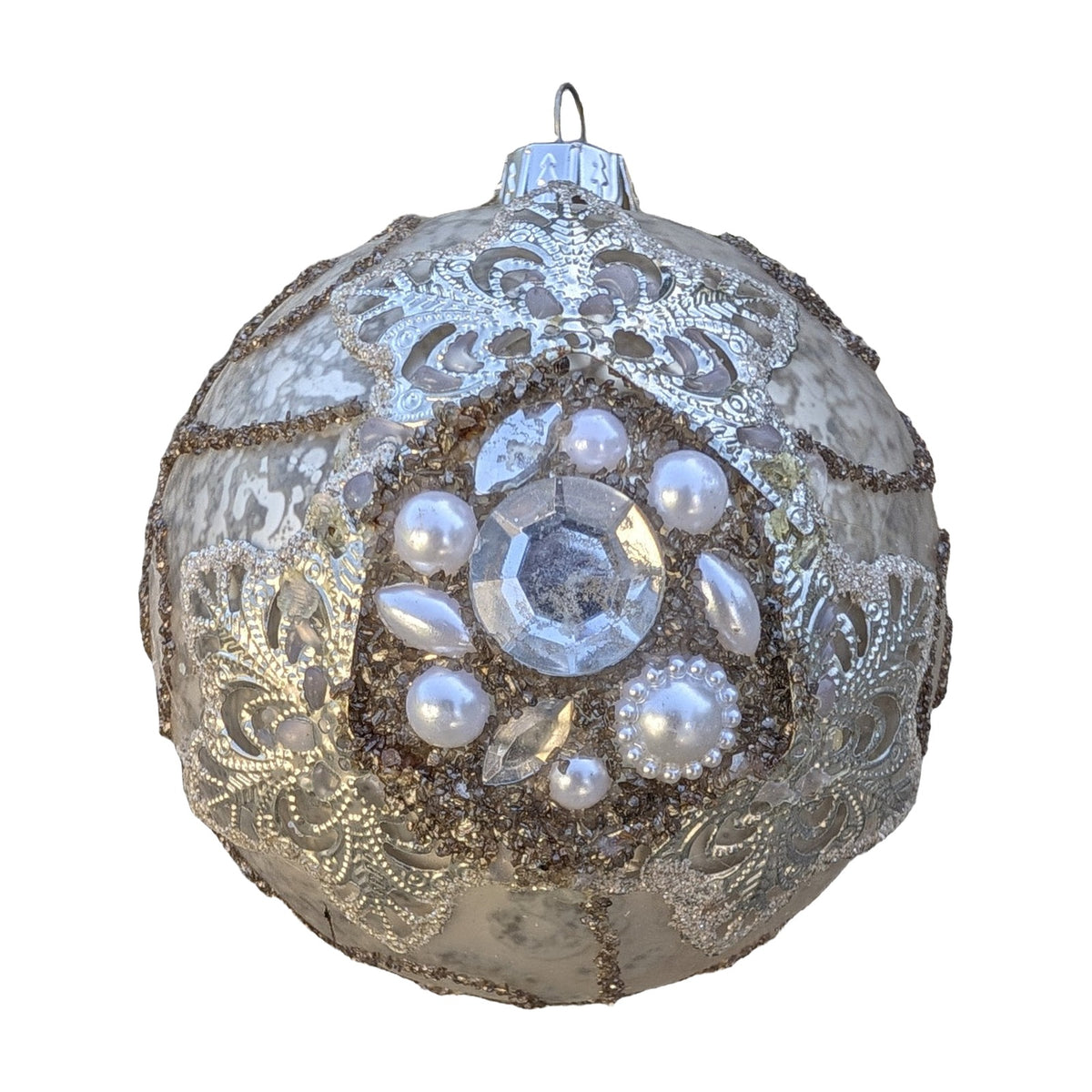 Freigestellt Christbaumkugel Perlen Strass Ornament silber creme Ø 10 cm