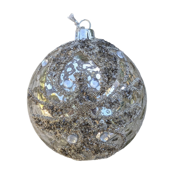 Freigestellt Christbaumkugel klar Perlen Strass Sternmuster silber Ø 8 cm
