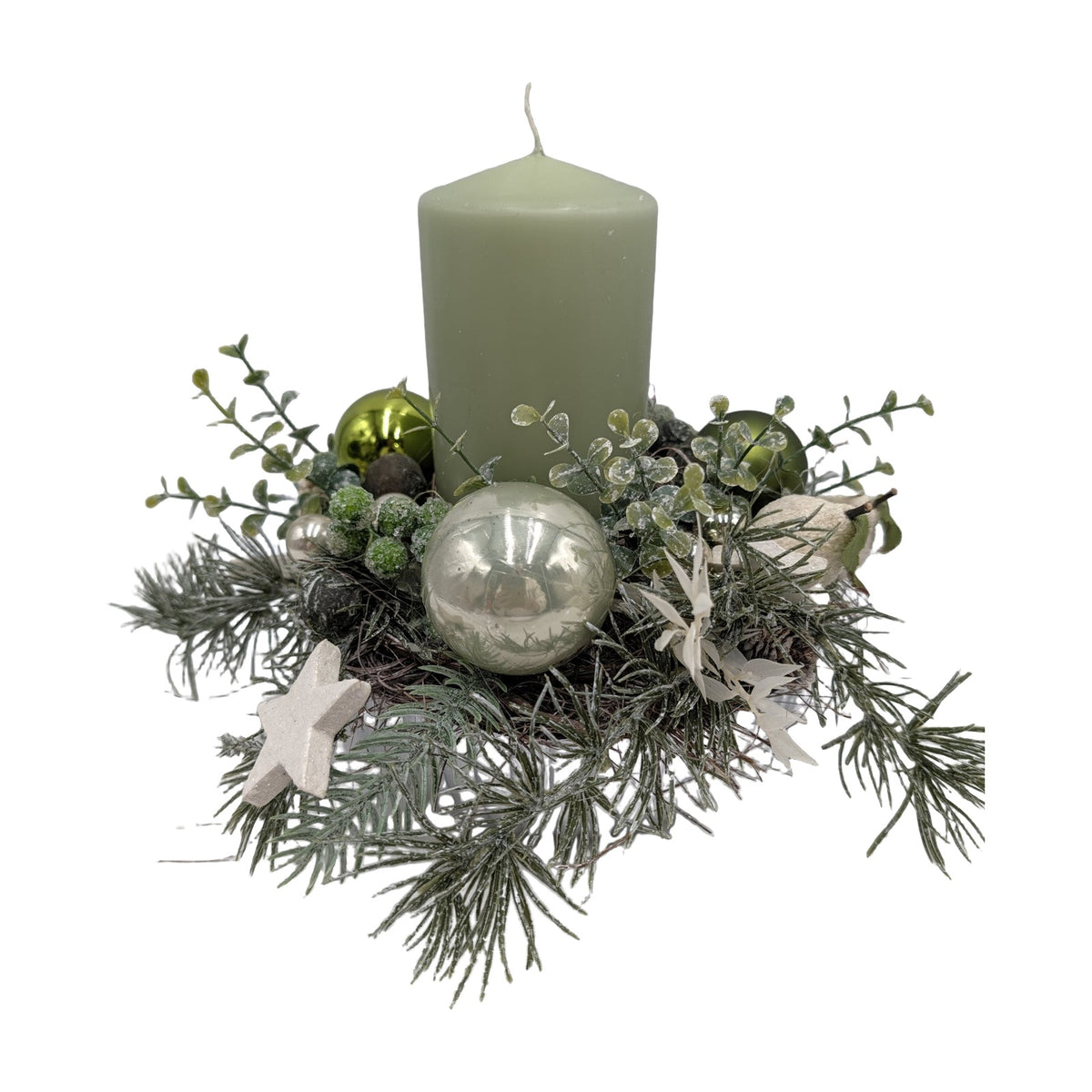 Freigestellt Adventsgesteck Kerze Kugeln Sterne mint creme
