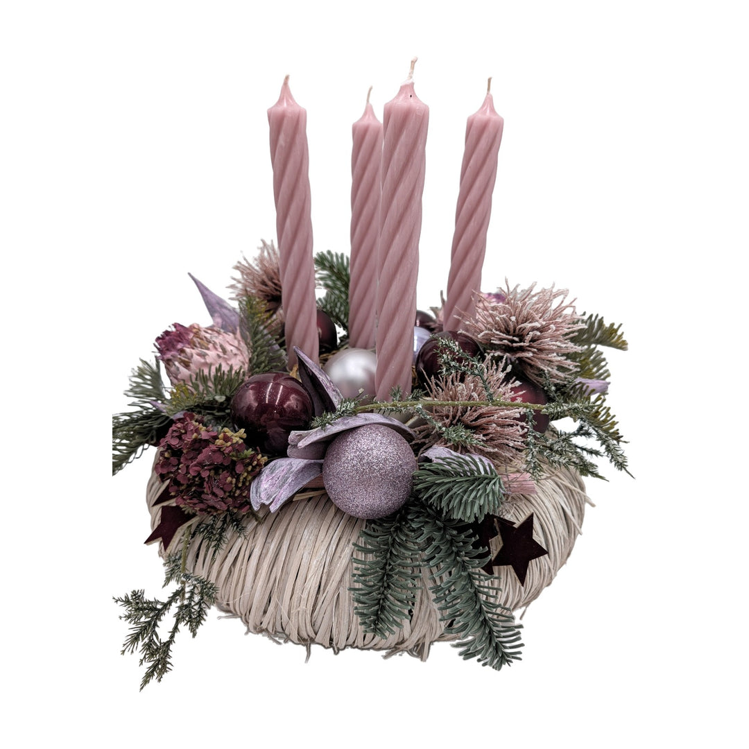Freigestellt Adventskranz Protea Kugeln Sterne rosa bordeaux