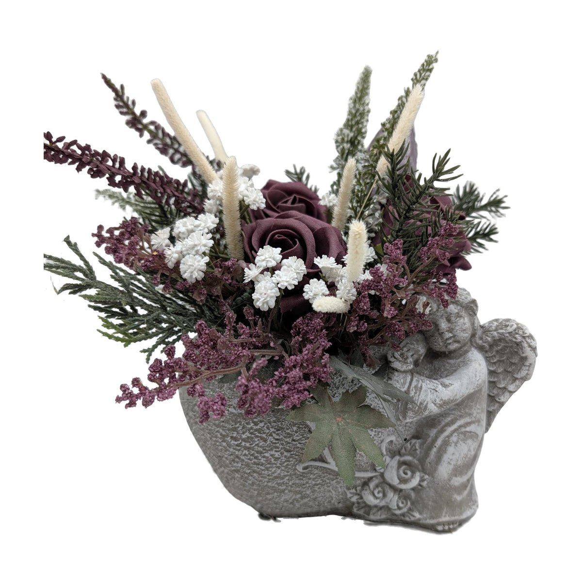 Freigestellt Trauergesteck Engel Rosen Heidekraut lila creme