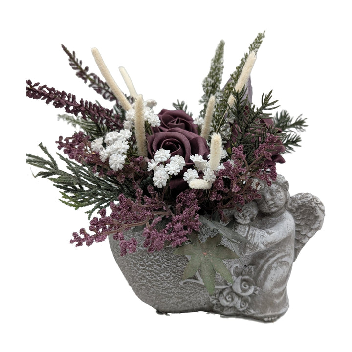 Freigestellt Trauergesteck Engel Rosen Heidekraut lila creme