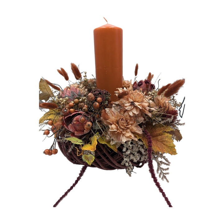 Freigestellt Herbstgesteck Kerze Dahlien Hagebutten Gräser orange dunkelrot