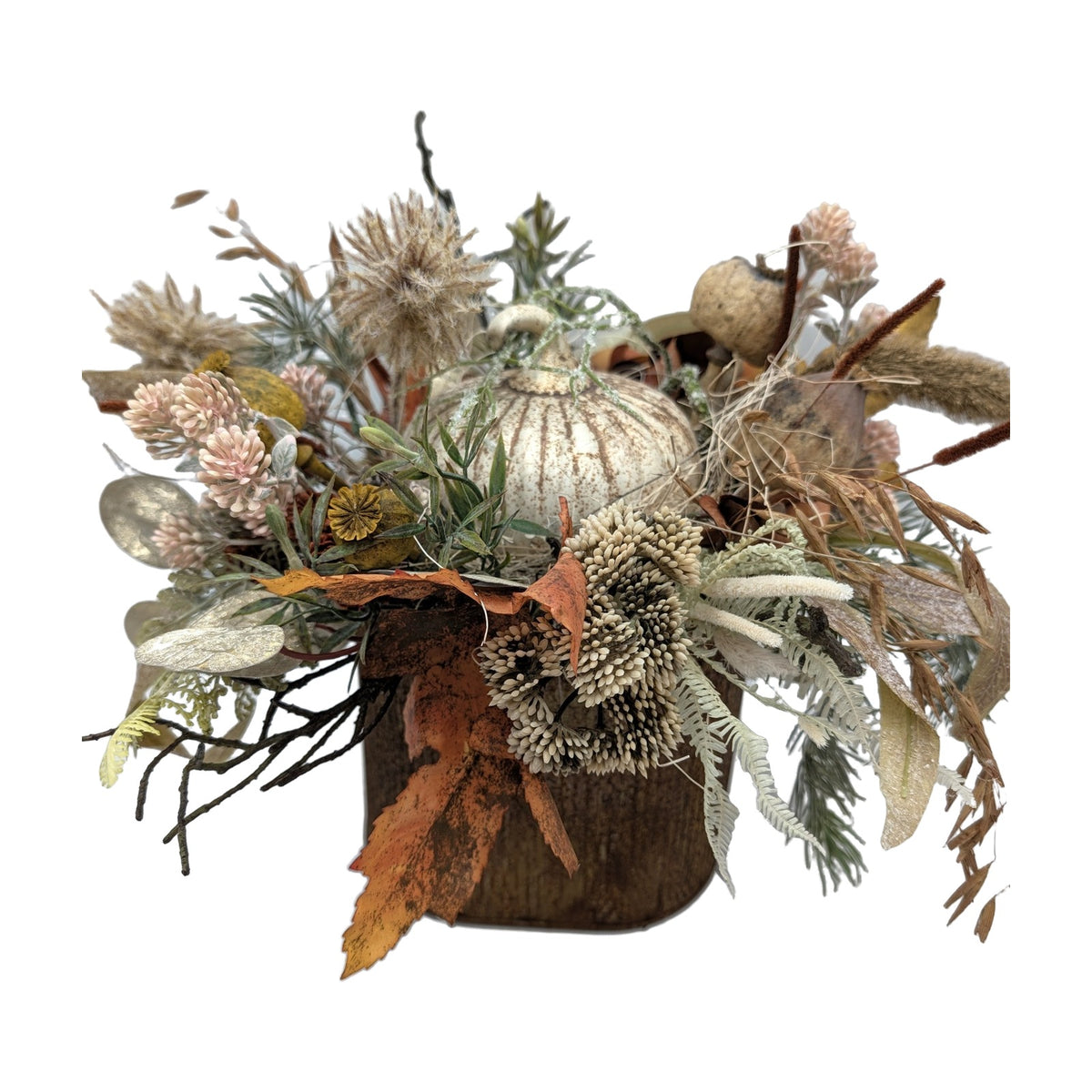 Freigestellt Herbstgesteck Kürbis Gräser Herbstlaub creme rost