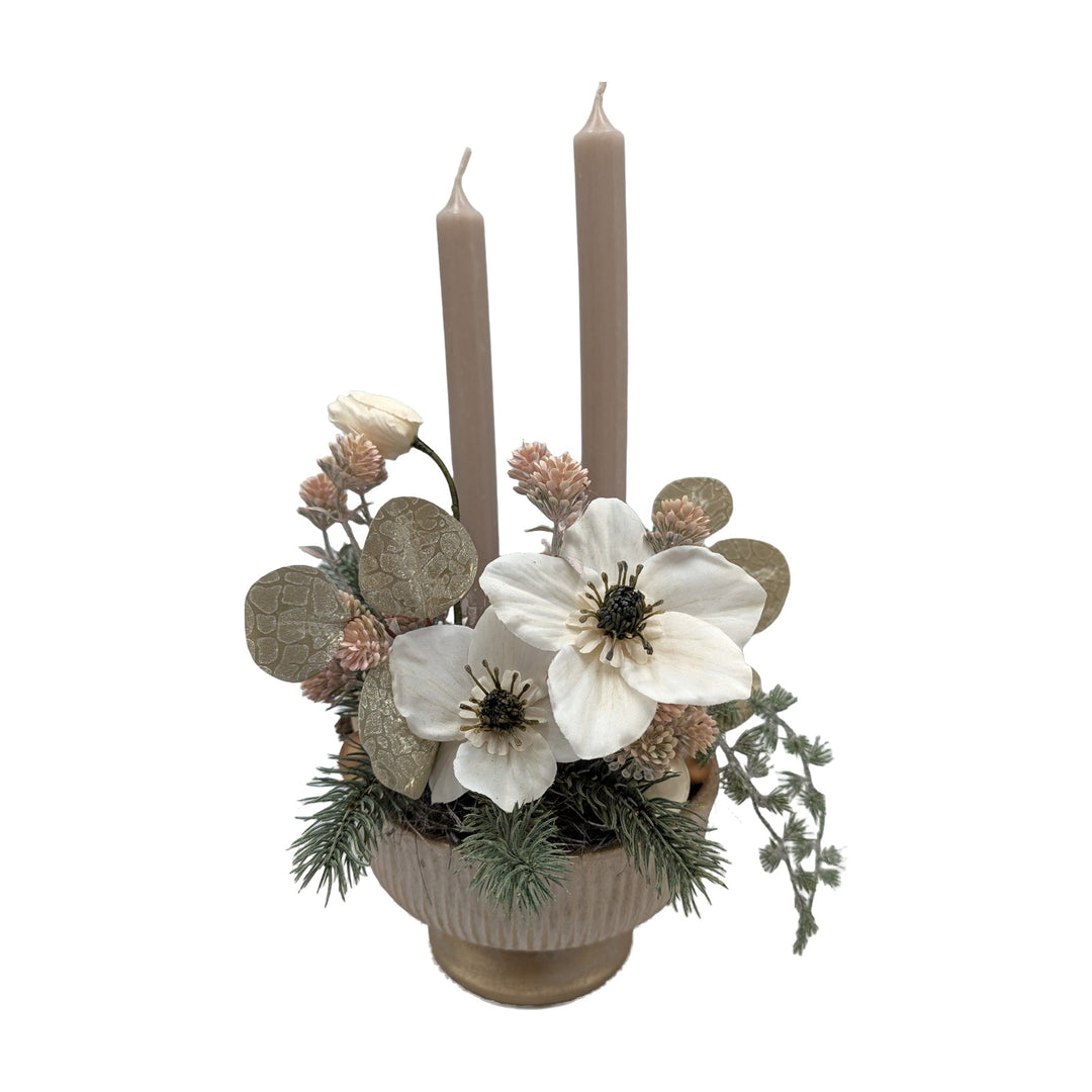 Freigestellt Wintergesteck Christrosen Tanne Kerzen creme rosé