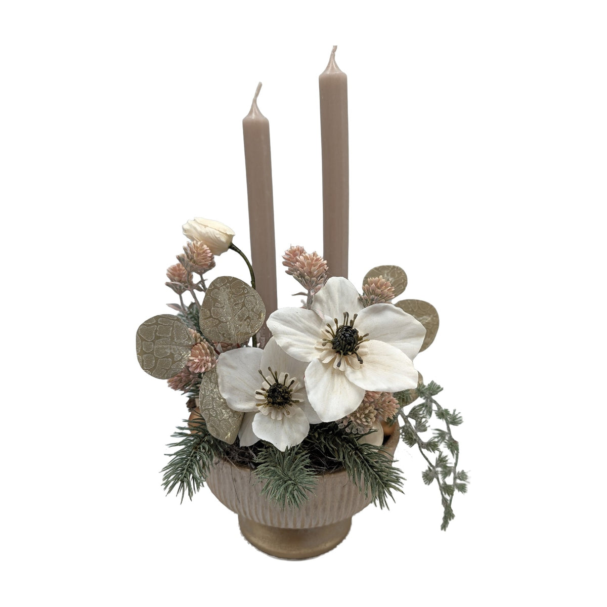Freigestellt Wintergesteck Christrosen Tanne Kerzen creme rosé