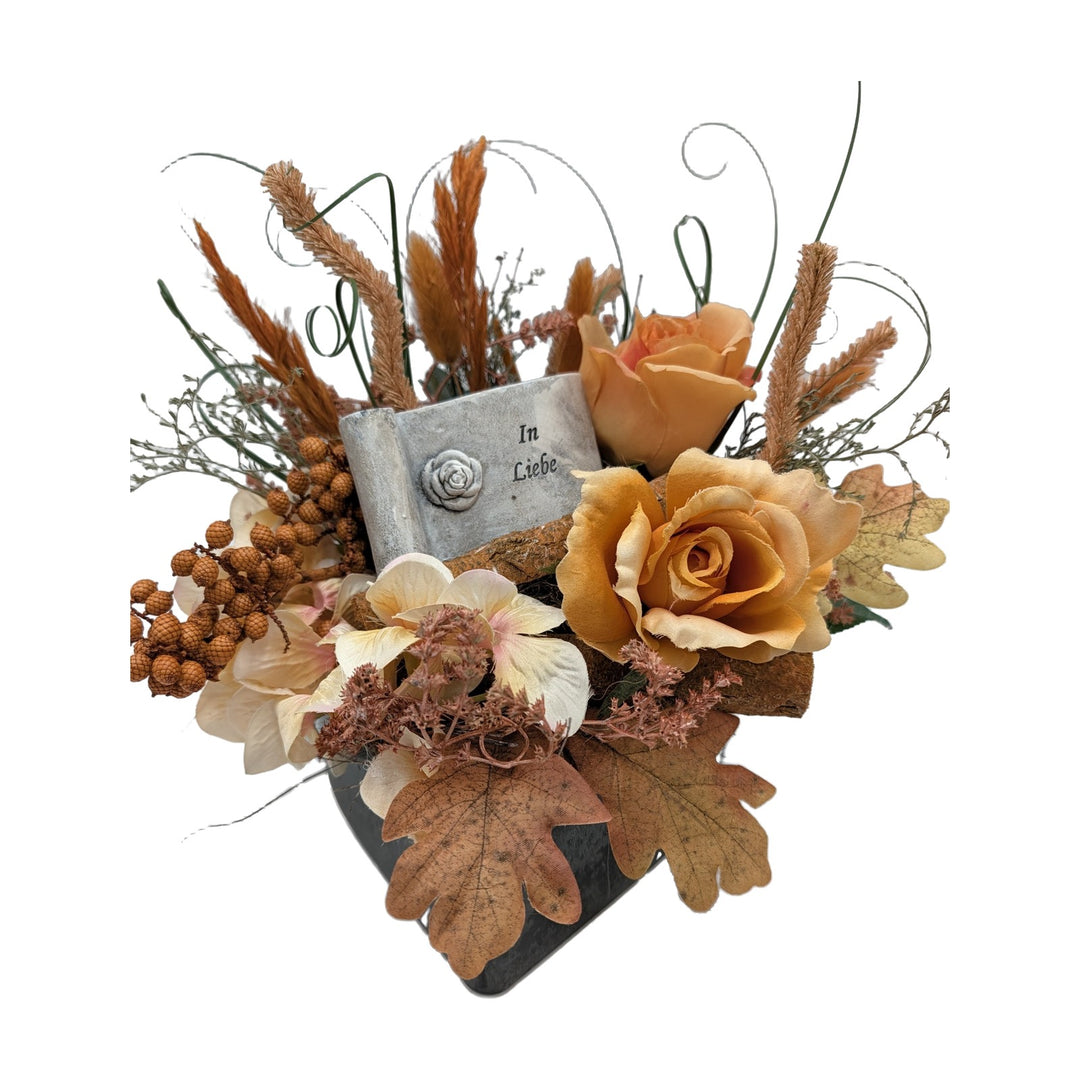 Freigestellt Trauergesteck Rosen Gräser Eichenlaub In Liebe orange creme