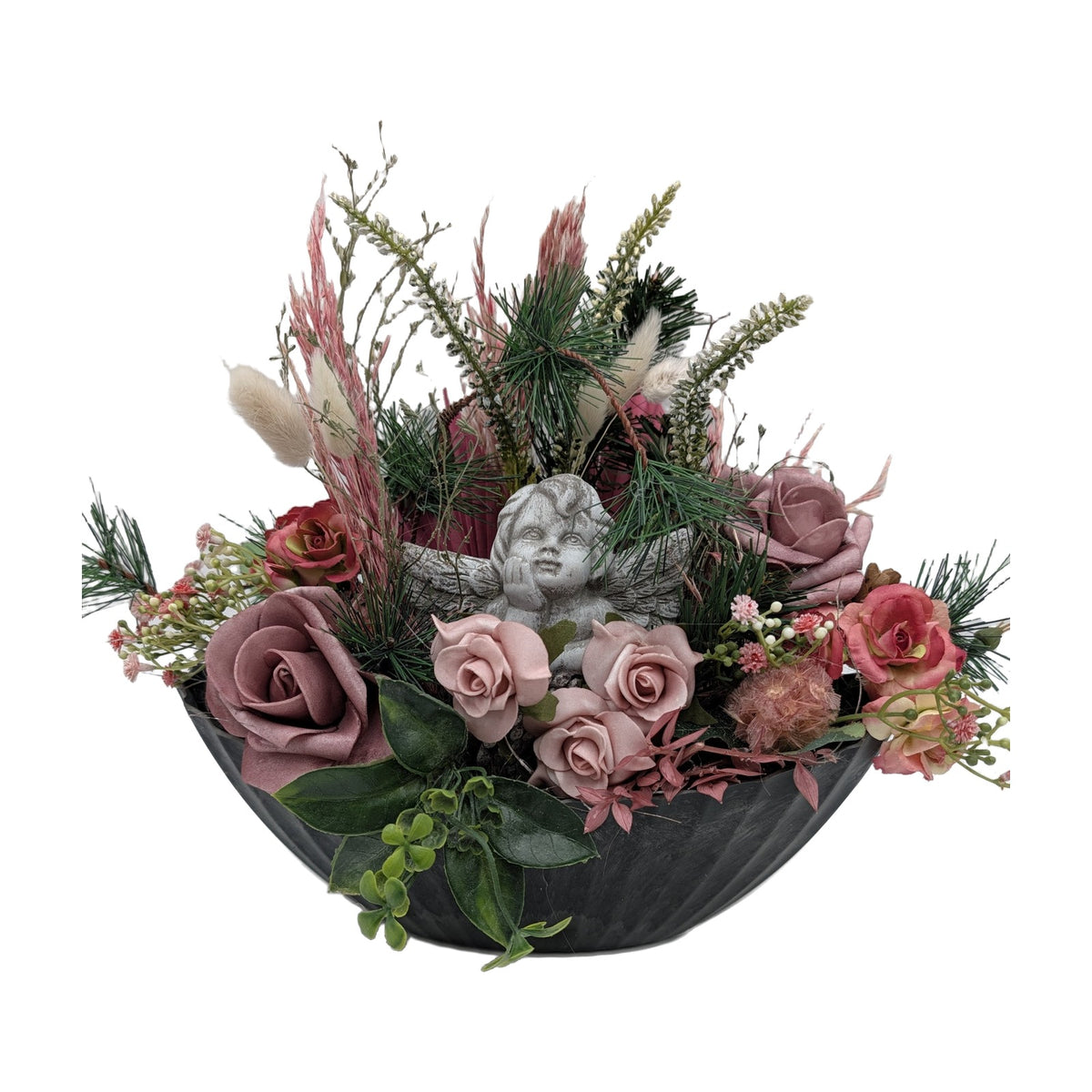 Freigestellt Trauergesteck Engel Rosen Heide rosa grau