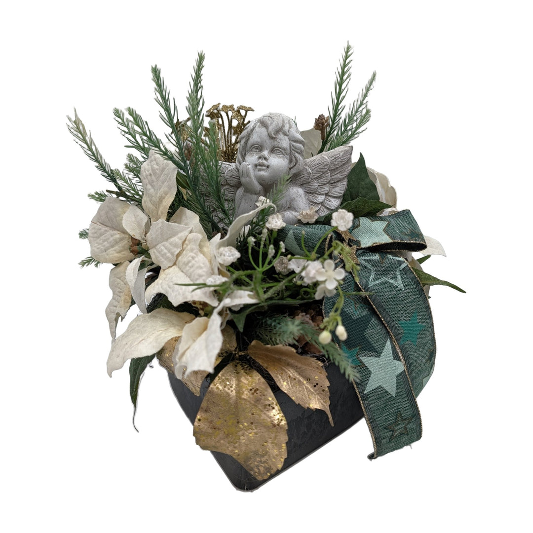 Freigestellt Trauergesteck Engel Weihnachtsstern creme grün Grabschmuck Winter