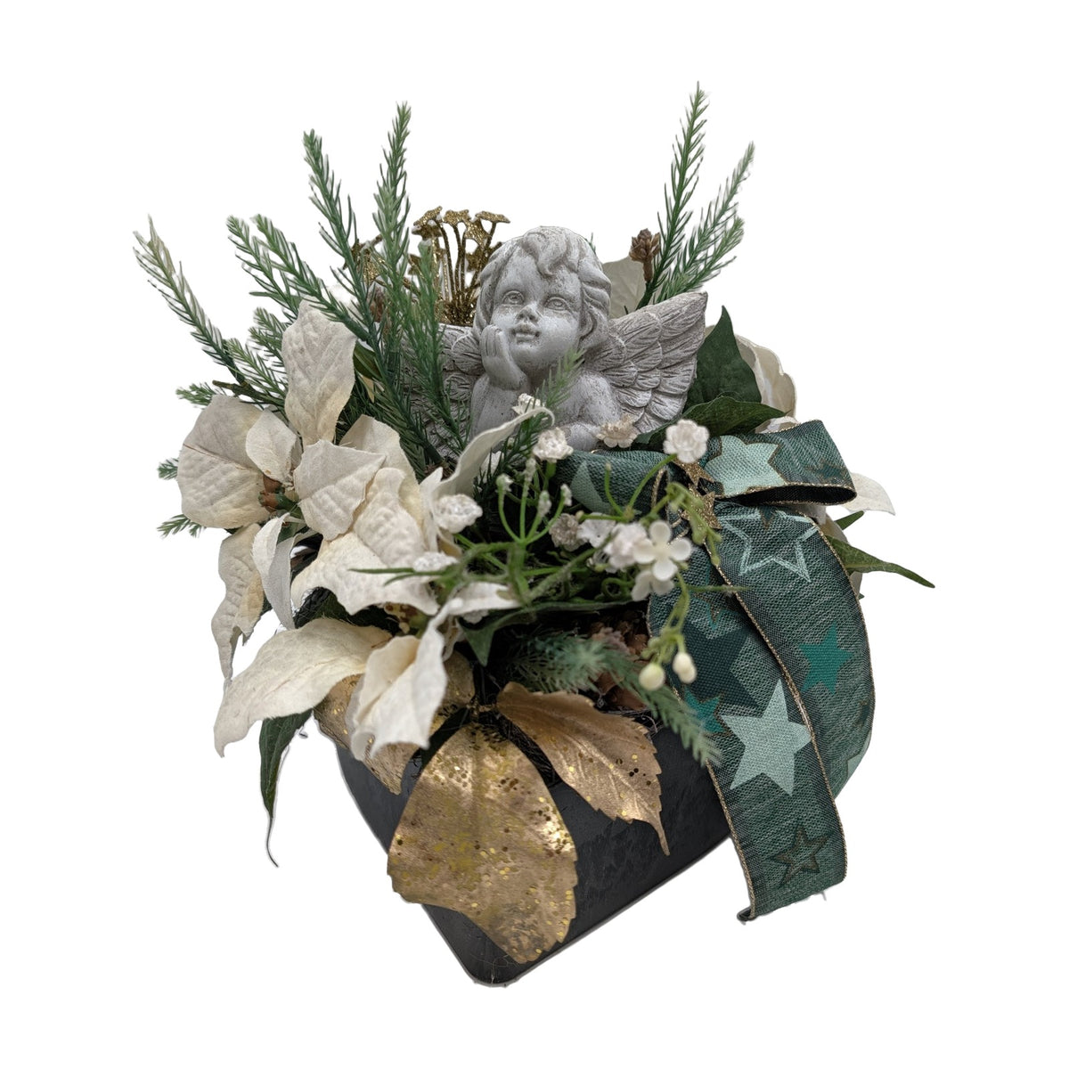 Freigestellt Trauergesteck Engel Weihnachtsstern creme grün Grabschmuck Winter