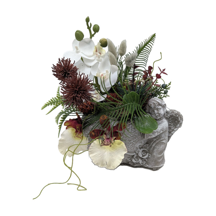 Freigestellt Trauergesteck Engel Orchideen weiß bordeaux
