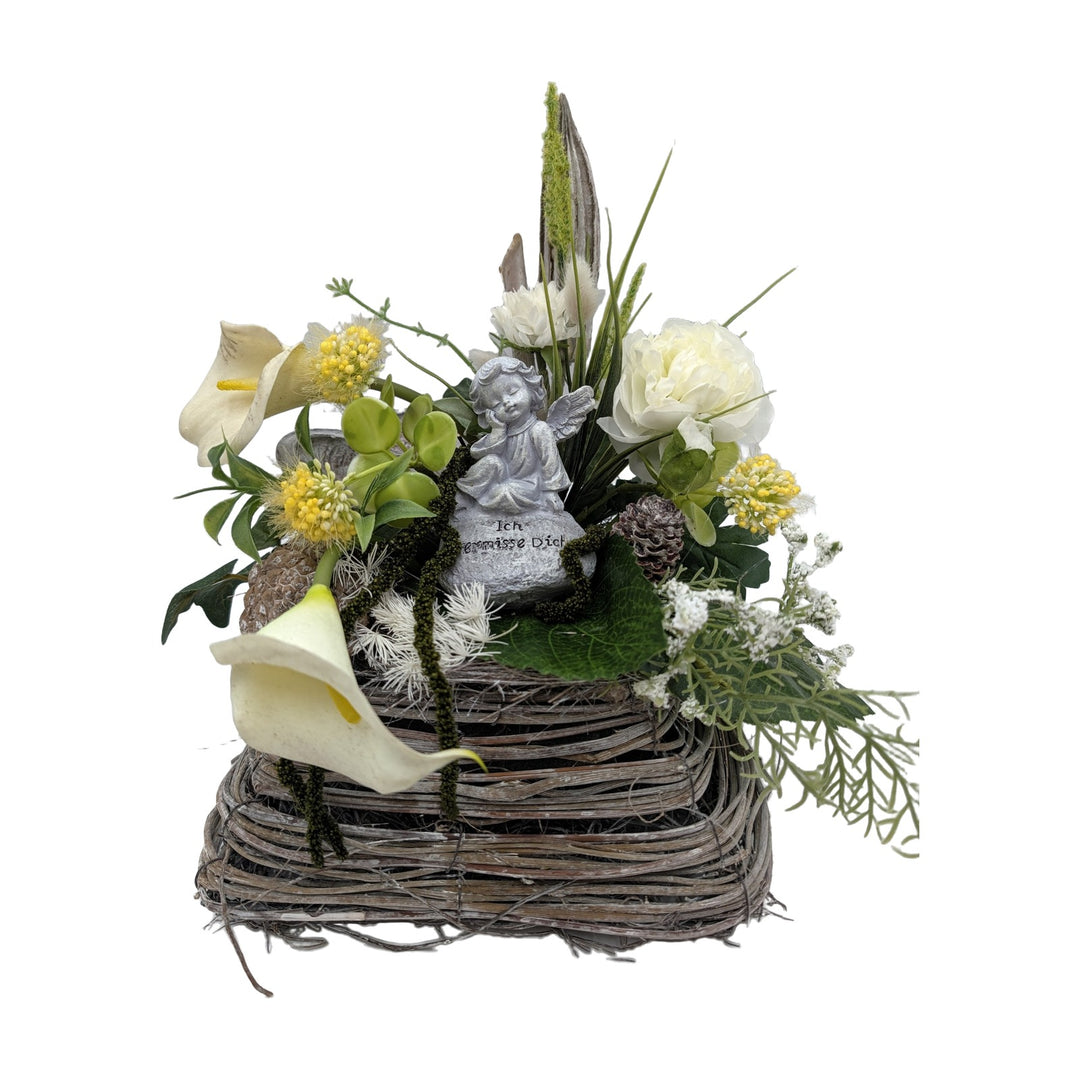 Freigestellt Trauergesteck Engel Calla Rose weiss gelb