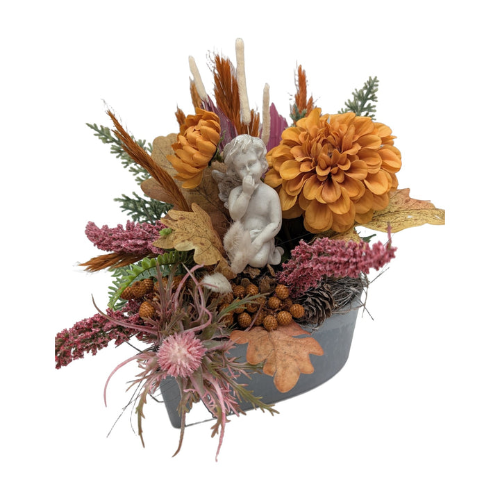 Freigestellt Trauergesteck Engel Dahlien Heide orange rosa