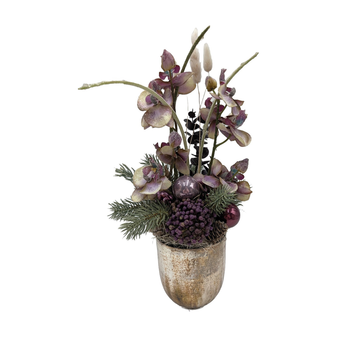 Freigestellt Weihnachtsgesteck Orchideen Kugeln Tanne lila creme