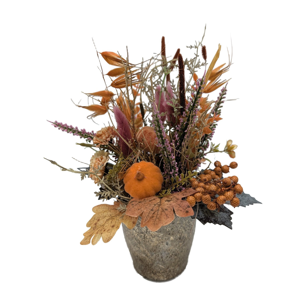 Freigestellt Herbstgesteck Kürbis Heide Gräser orange rosa