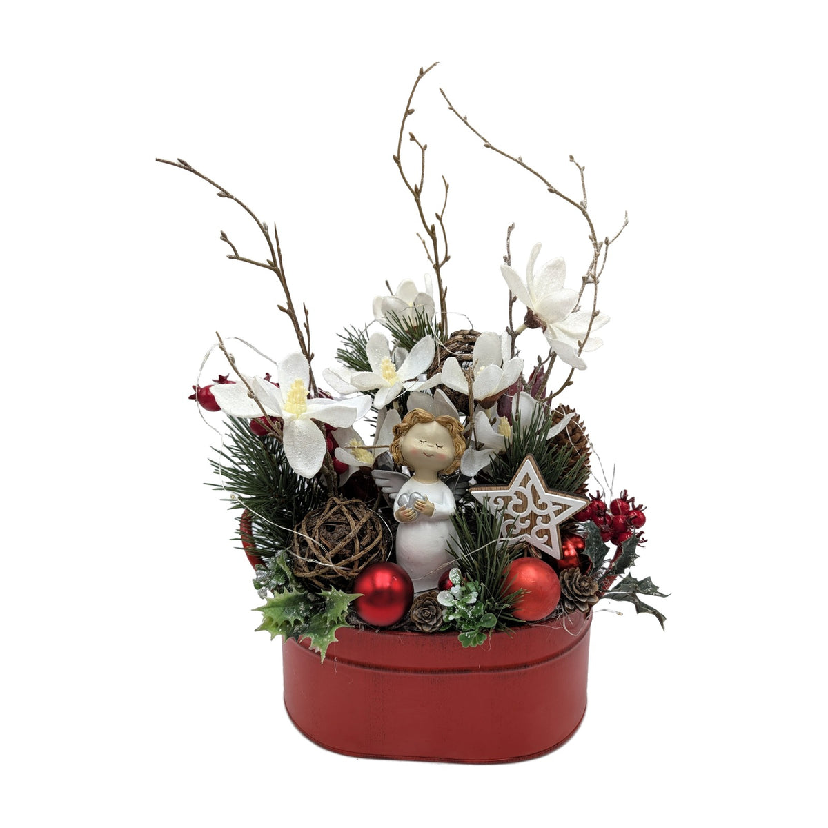 Freigestellt Weihnachtsgesteck Engel Magnolien Zapfen rot weiß